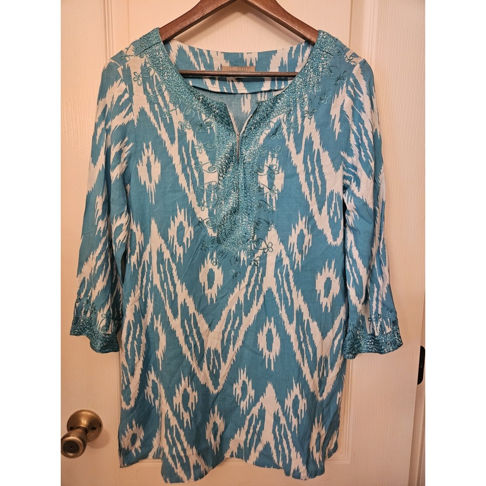 Joan Vass Womens Turquiose Embroidered Tunic Top Sz M Boho Southwestern Colorful